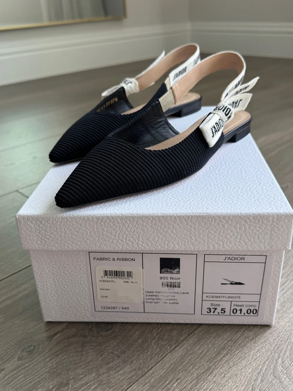 Dior Black Pointed Slingback Flats with Ivory Logo Strap. J'Adior Slingback Flat - Picture 6 of 7